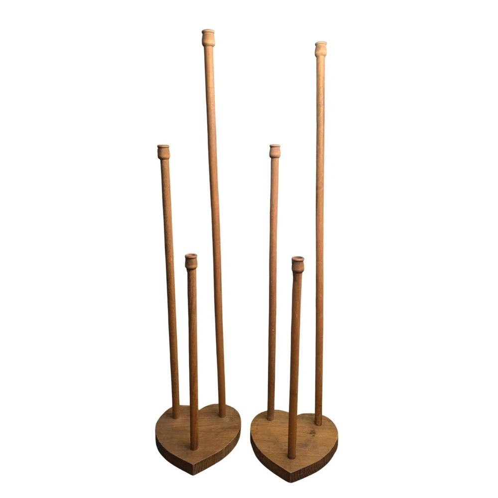 Vintage Primitive Wood Floor Candle Holders Pair 50" Tall Heart Base 3 Taper